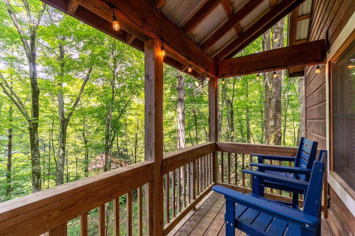 A deck scene with blue chairs, hanging lights, a wooden railing, and lush greenery beyond. The ambiance suggests both daytime and evening enjoyment, with the space ready for relaxation, conversation, or stargazing.